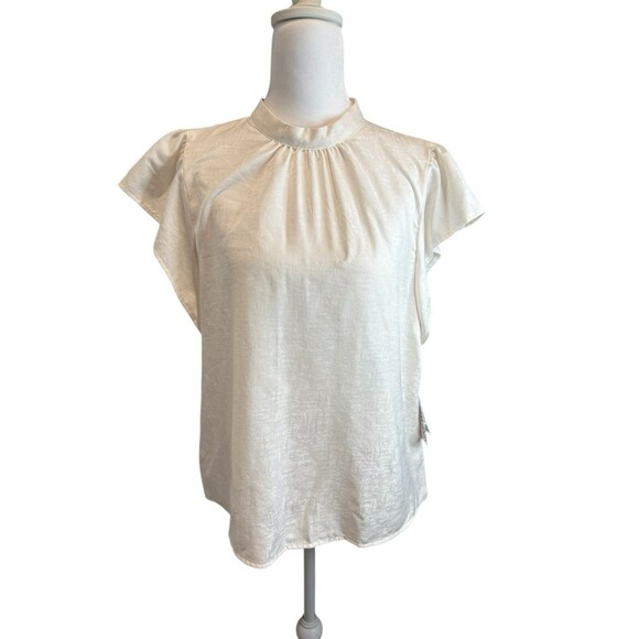 NWT Nine West Women’s Mock Nech Short Sleeve Blouse Ivory Size L Retail $29.99 - Picture 1 of 5